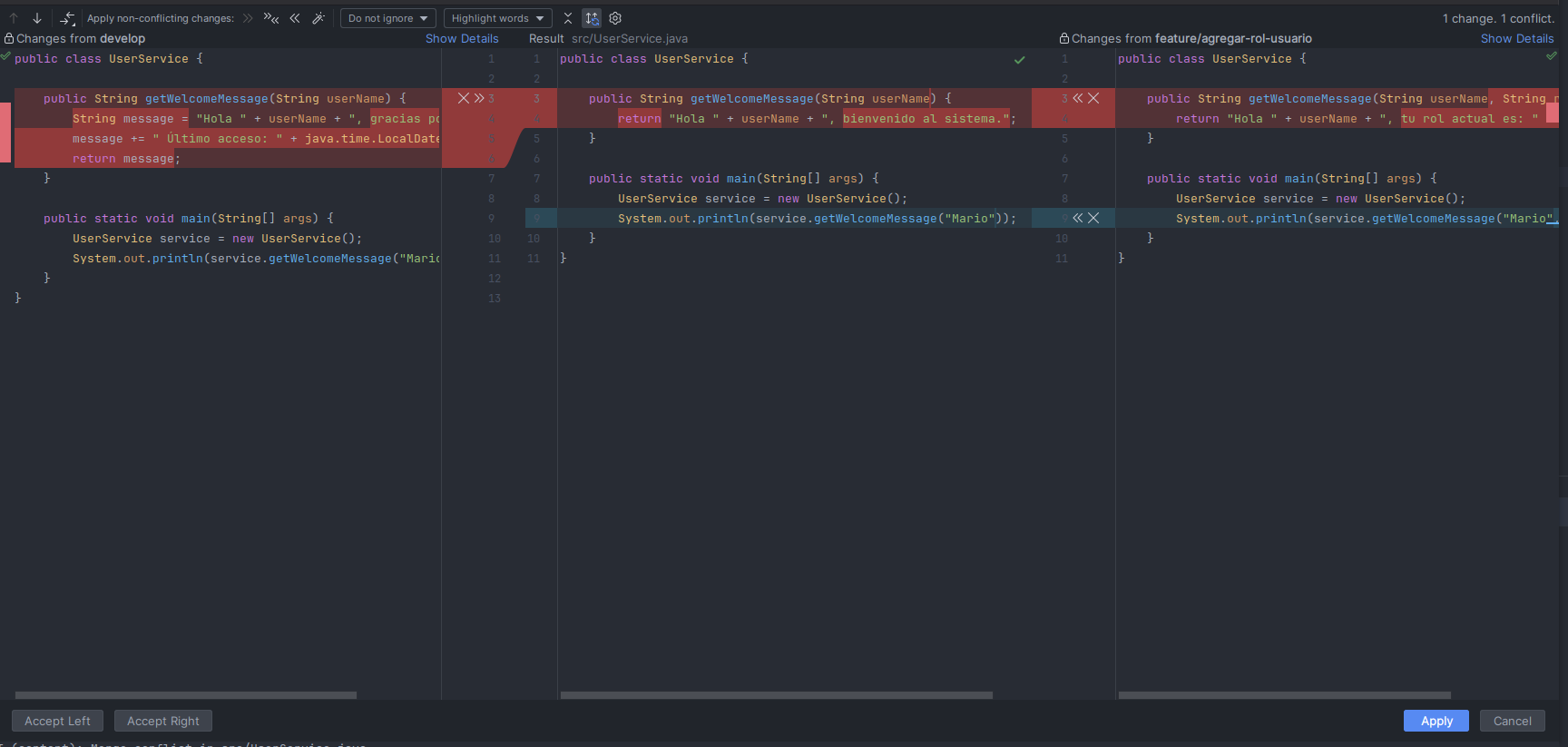 Vista de IntelliJ IDEA mostrando un conflicto de merge en tres columnas